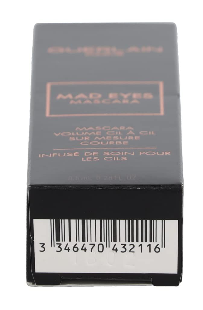 Confezione nera di mascara. Scritta: Mad Eyes Mascara, Volume Cil à Cil, Infusé de Soin. Codice a barre in basso.