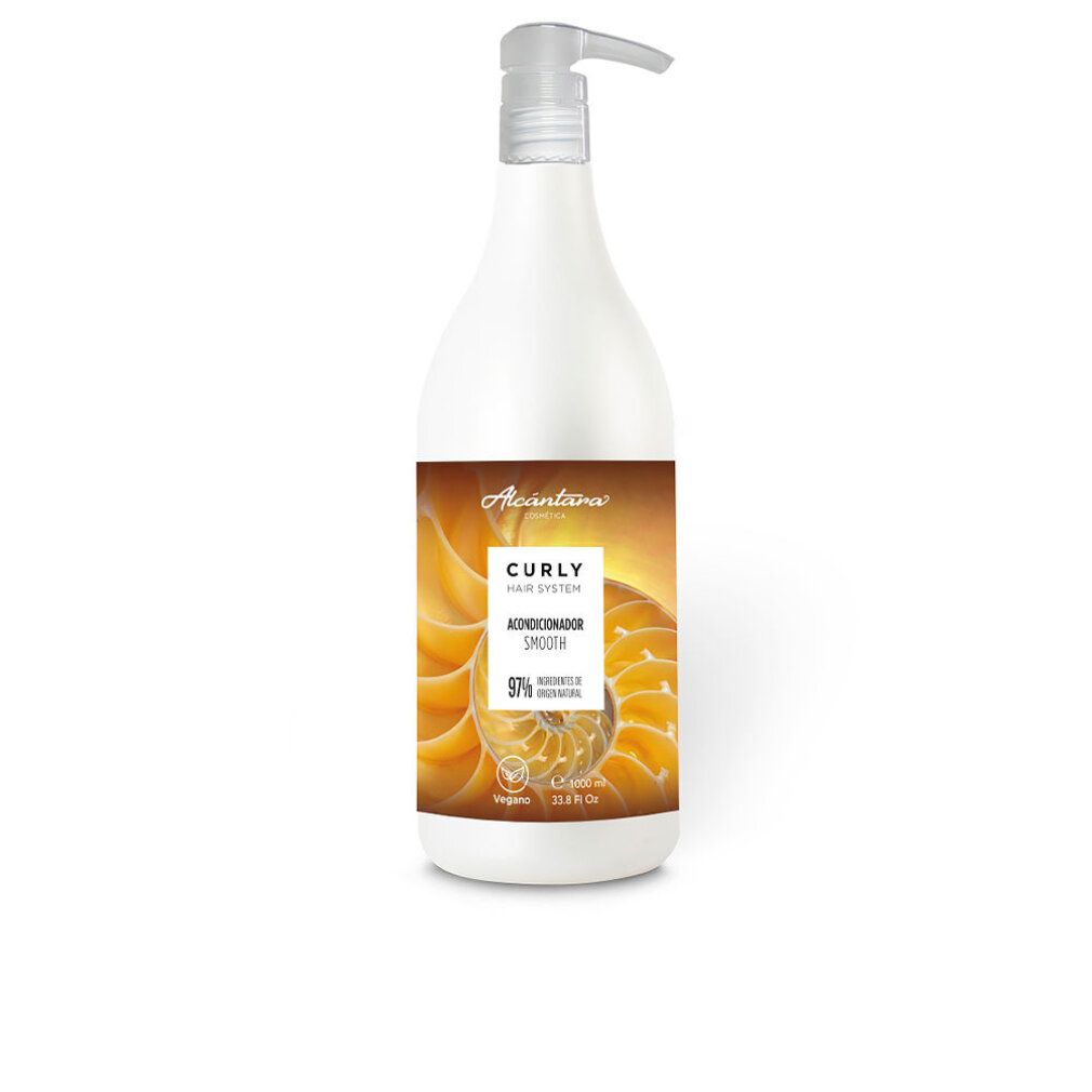 Flacone bianco con etichetta marrone. Scritta: Curly Hair System Smooth Conditioner. Con dispenser. Vegano.
