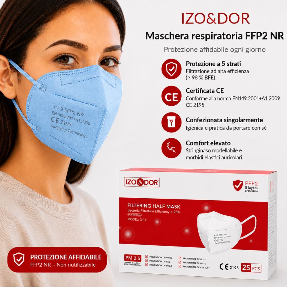 Donna con mascherina FFP2 NR azzurra. Protezione 5 strati, certificata CE, confezionata singolarmente, comfort elevato.