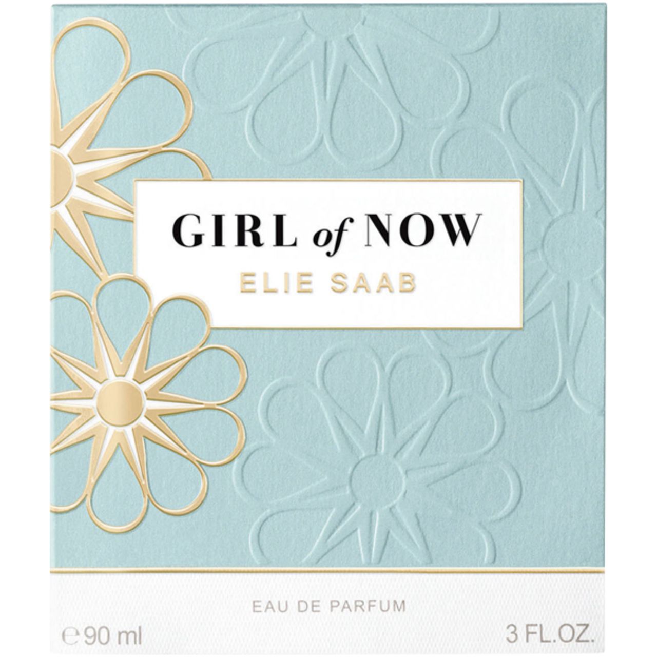 Elie Saab Girl of Now EdP Nat. Spray. Scatola azzurra con motivi floreali e scritta Girl of Now. Marchio Elie Saab.