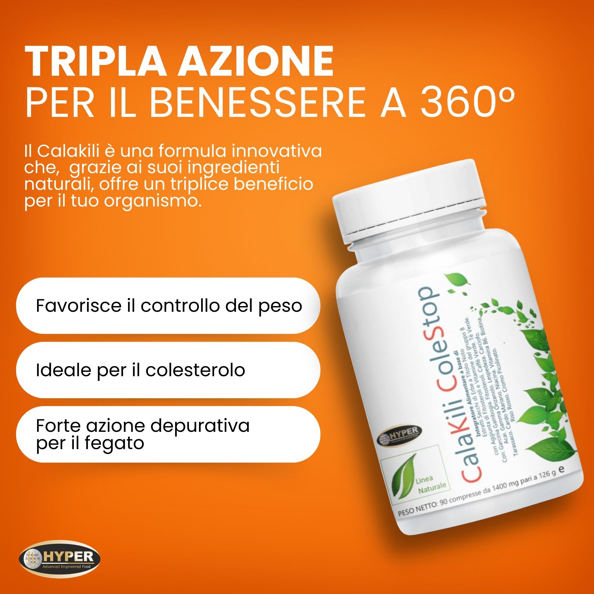 Flacone bianco di capsule. Scritta: CalaKili ColeStop. Testo: Favorisce il controllo del peso, ideale per il colesterolo, forte azione epatica.