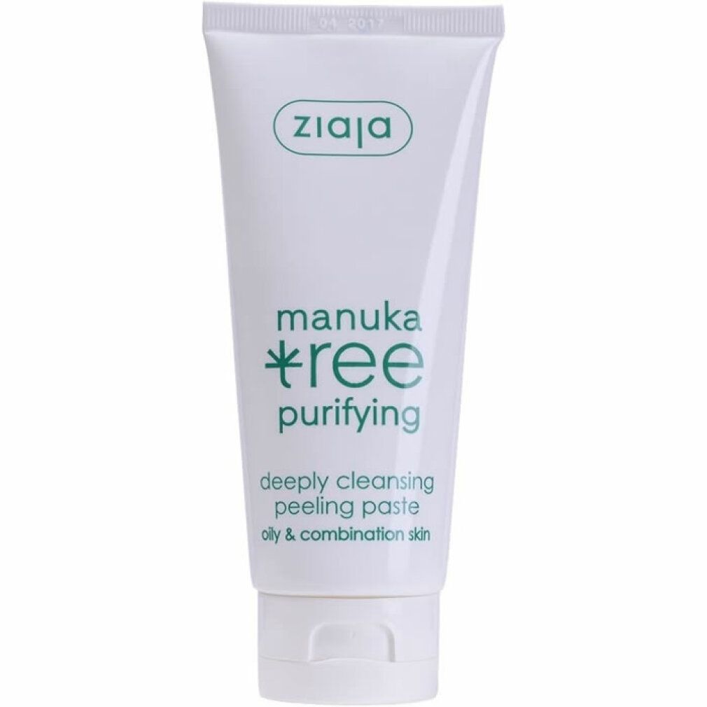 Tubo bianco con stampa verde. Scritta: Ziaja, manuka tree purifying, deeply cleansing peeling paste, oily & combination skin.