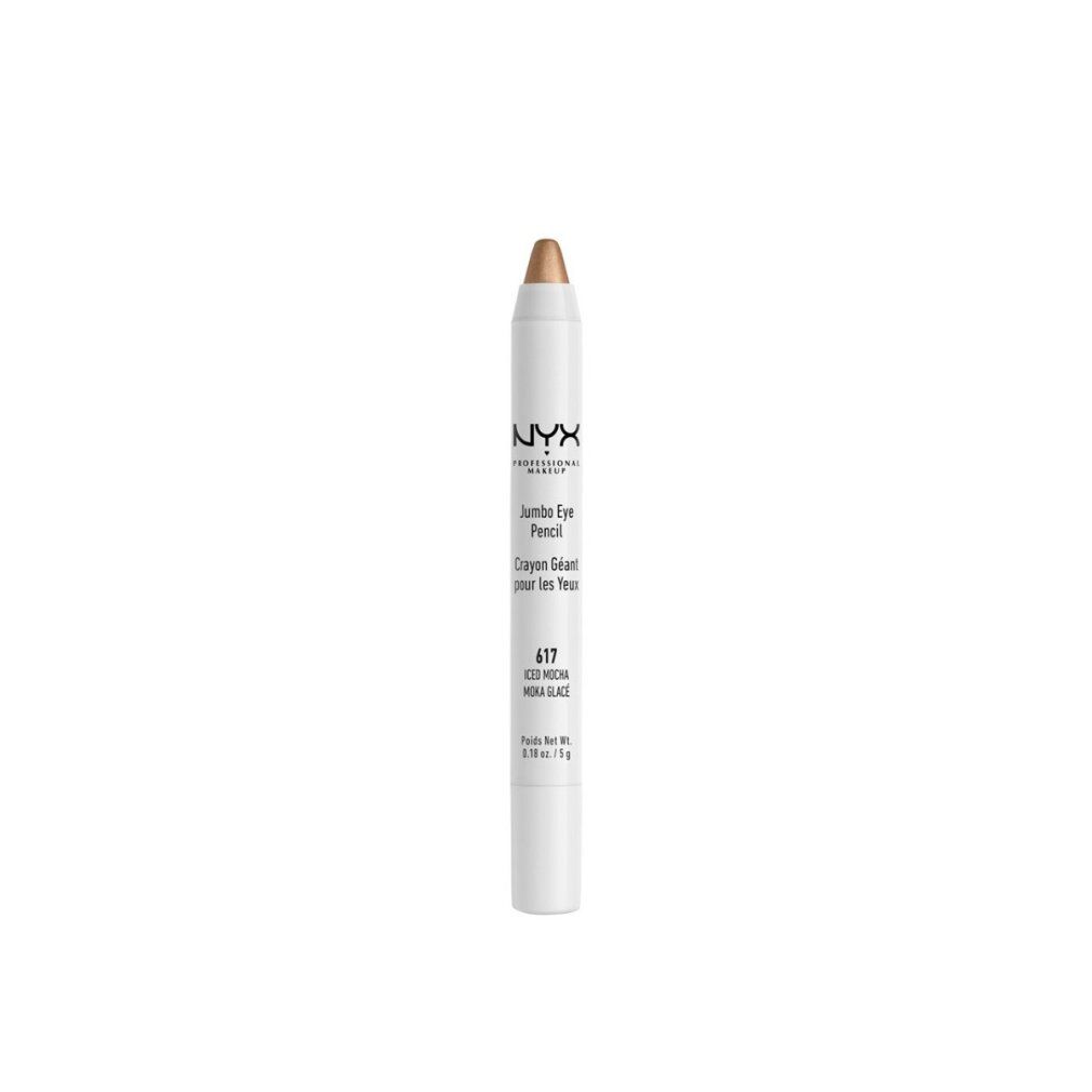 Matita Jumbo Eye Pencil bianca NYX. Punta dorata. Nome del prodotto e numero colore 617 Iced Mocha Glace.