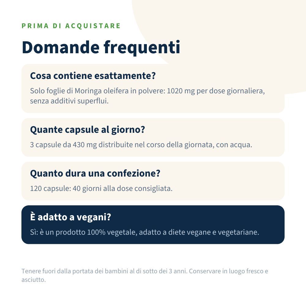 Domande frequenti sulle capsule di Moringa: contenuto, dosaggio, formato confezione e idoneità ai vegani.