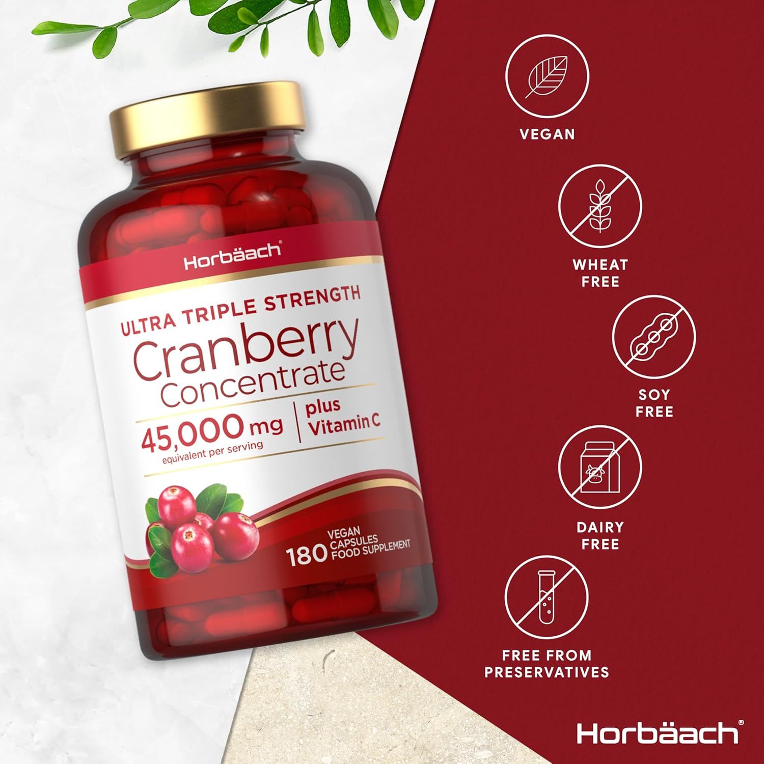 Capsule rosse in bottiglia. Scritta: Cranberry Concentrate 45.000mg + Vitamina C. 180 capsule. Vegan.