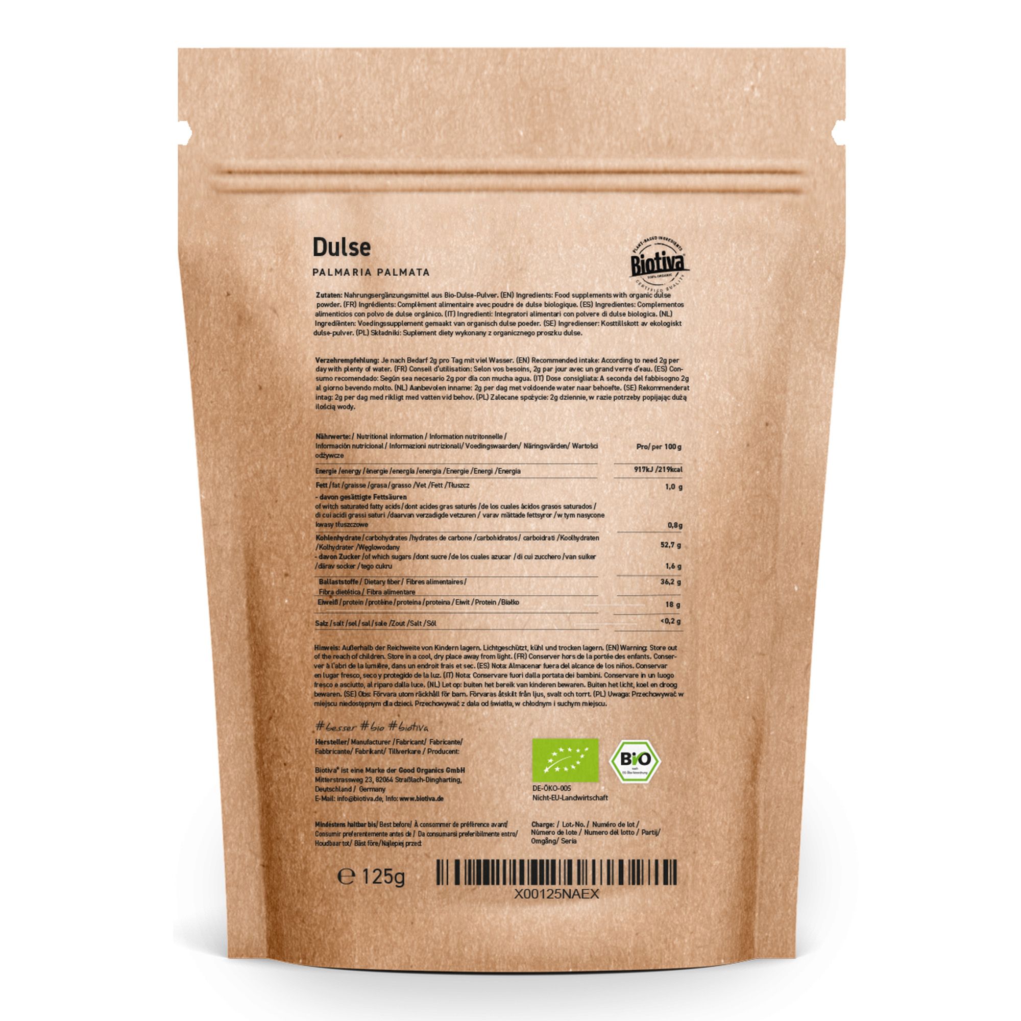 Retro di un sacchetto di carta marrone con informazioni sul prodotto. Biotiva Dulse Pulver Bio, elenco ingredienti, valori nutrizionali, marchio biologico.