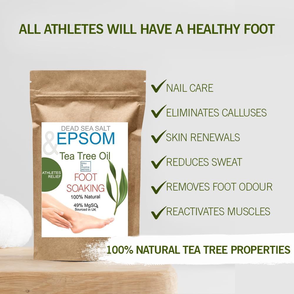 Confezione prodotto 'Dead Sea Salt & Epsom Tea Tree Oil Foot Soaking'. Vantaggi: cura delle unghie, calli, rinnovamento della pelle, sudore, odore, muscoli.