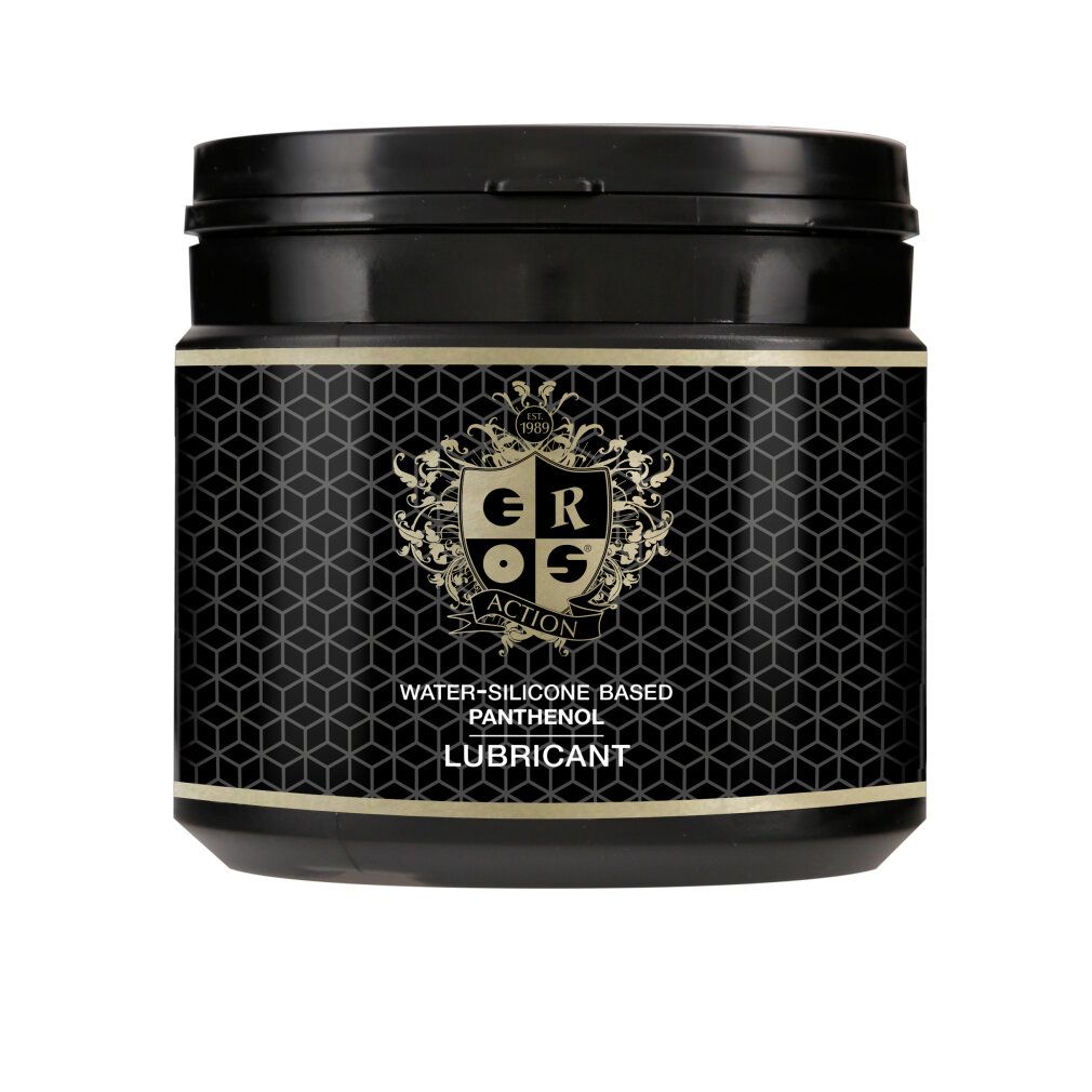 Contenitore nero con etichetta dorata. Testo: EROS Action, Water-Silicone Based, Panthenol, Lubricant.