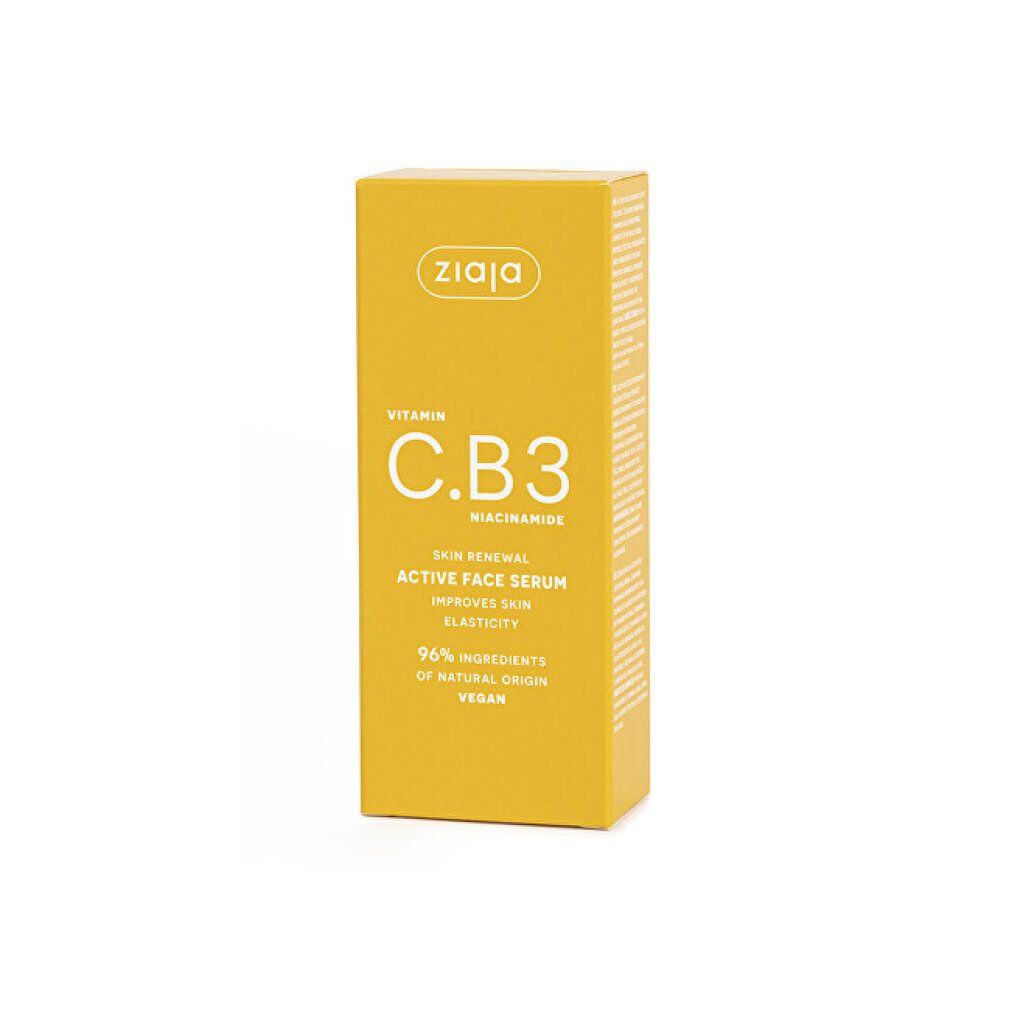 Scatola gialla con siero viso attivo ZIAJA Vitamin C.B.3 Niacinamide per il rinnovamento della pelle.