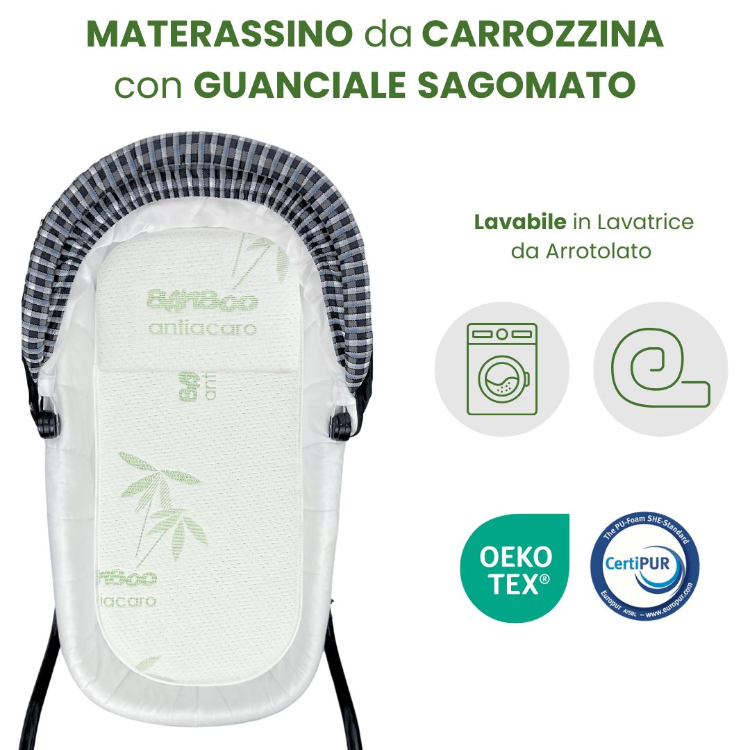 IDELIO Materassino Carrozzina Navicella Neonato Bamboo BIO Completo di Guanciale