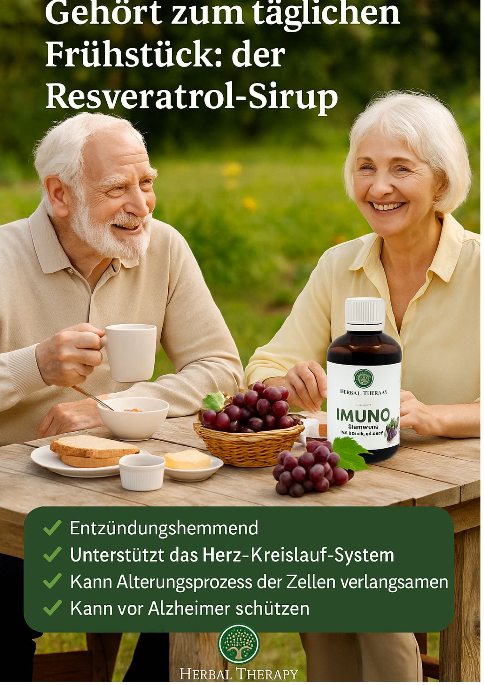 Coppia anziana a tavola con bottiglia di IMUNO Resveratrol. Sul tavolo: pane, burro, uva. Testo: Antinfiammatorio.