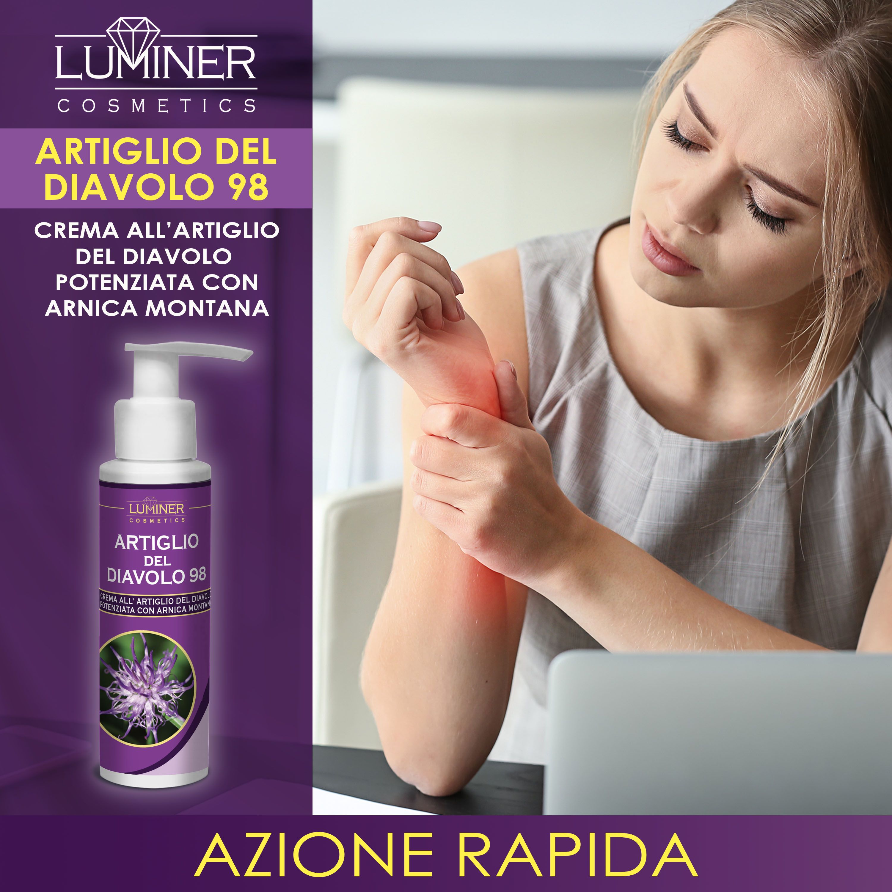 Donna con dolore alla mano alla scrivania, accanto alla crema LUMINER Artiglio del Diavolo 98.