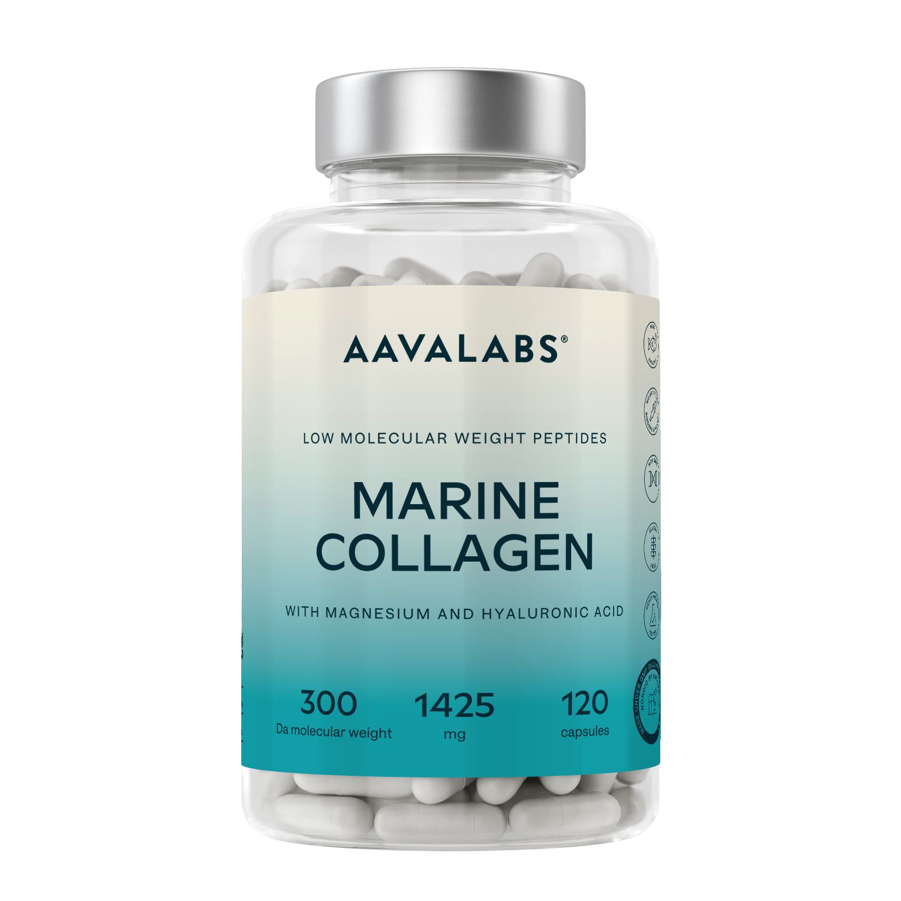 Aavalabs Marine Collagen in bottiglia. Contiene 120 capsule. Scritta: Marine Collagen, 1425 mg.
