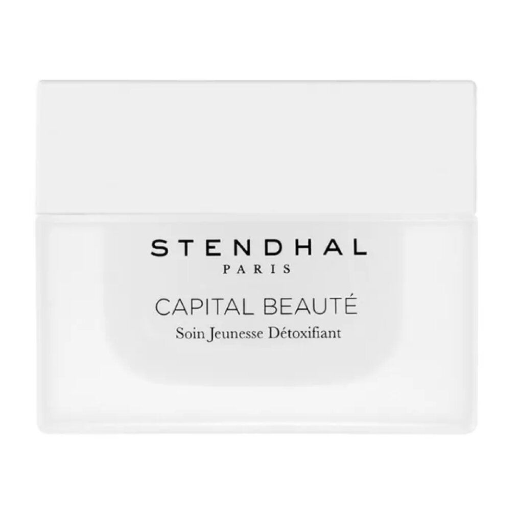 Vasetto bianco con coperchio. Scritta: STENDHAL PARIS, CAPITAL BEAUTÉ, Soin Jeunesse Détoxifiant.