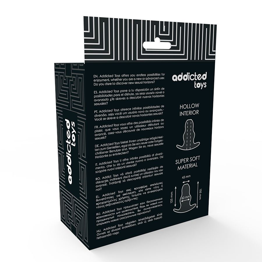 Confezione nera Addicted Toys. Testo: 'HOLLOW INTERIOR', 'SUPER SOFT MATERIAL'. Immagine del prodotto e dimensioni.