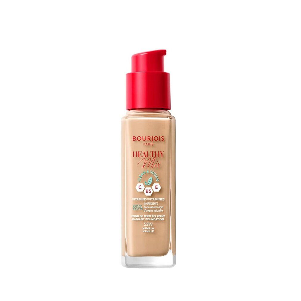 Flacone di fondotinta Bourjois Healthy Mix. Liquido beige, tappo a pompa rosso. Scritta: Healthy Mix, Vitamine.