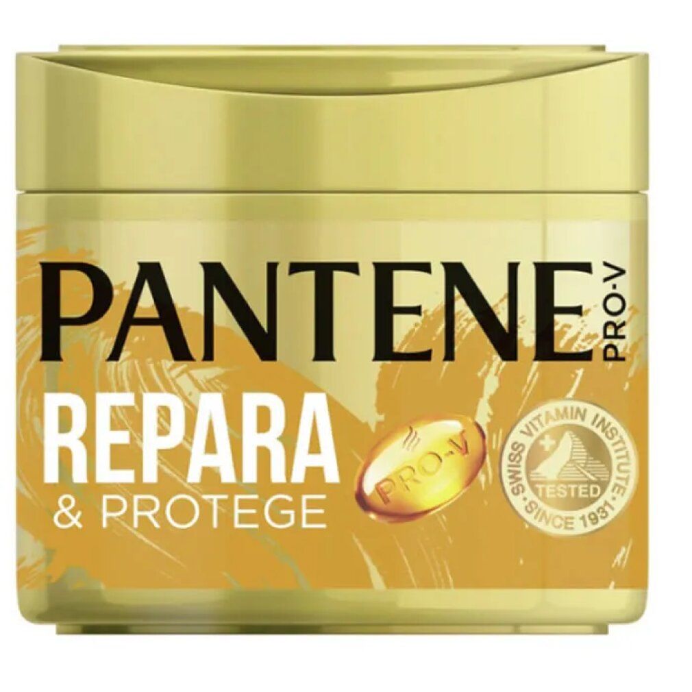 Barattolo dorato Pantene Pro-V REPARA & PROTEGE. Con sigillo Swiss Vitamin Institute.