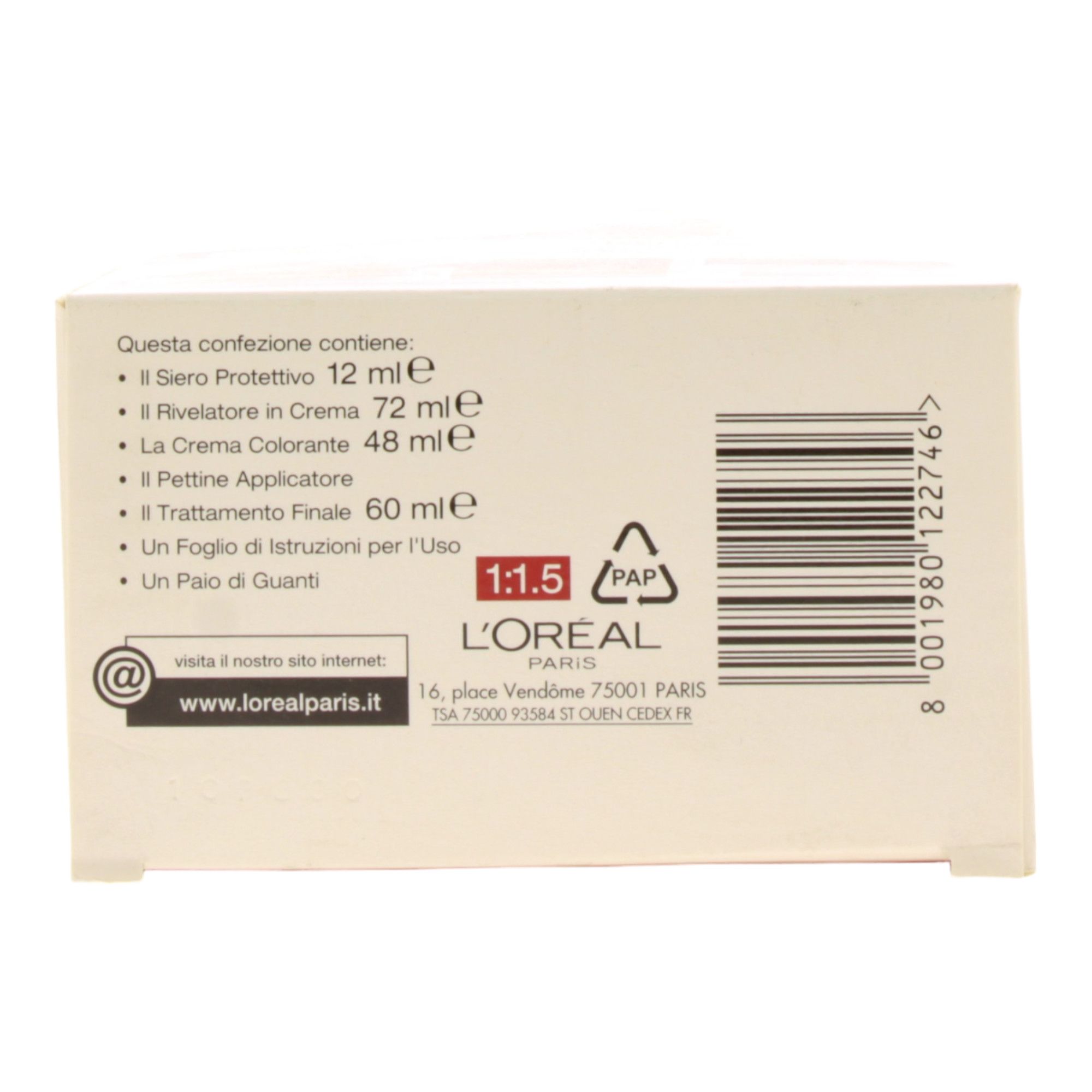 Retro della confezione di tinta per capelli. Contiene: siero protettivo, rivelatore in crema, crema colorante, pettine applicatore, trattamento finale, istruzioni, guanti.