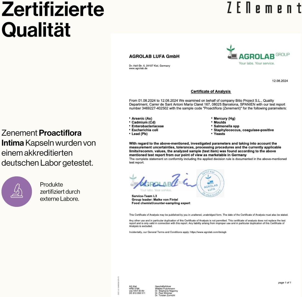 Qualità certificata. Rapporto di analisi di Agrolab LUFA GmbH per le capsule Zenement Proactiflora Intima.