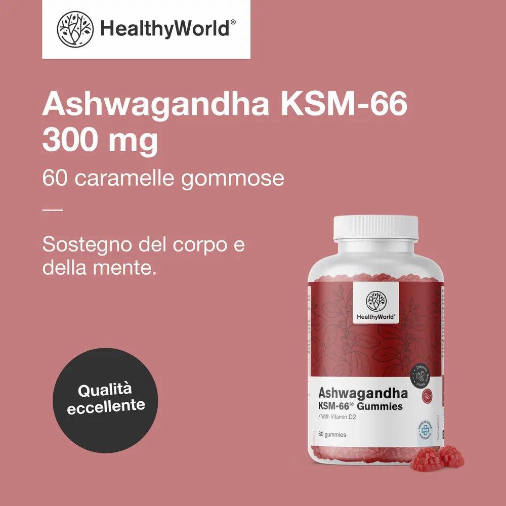 Flacone Ashwagandha KSM-66 Gummies. Scritta: 300 mg. 60 caramelle gommose. Sostegno del corpo e della mente. Qualità eccellente.