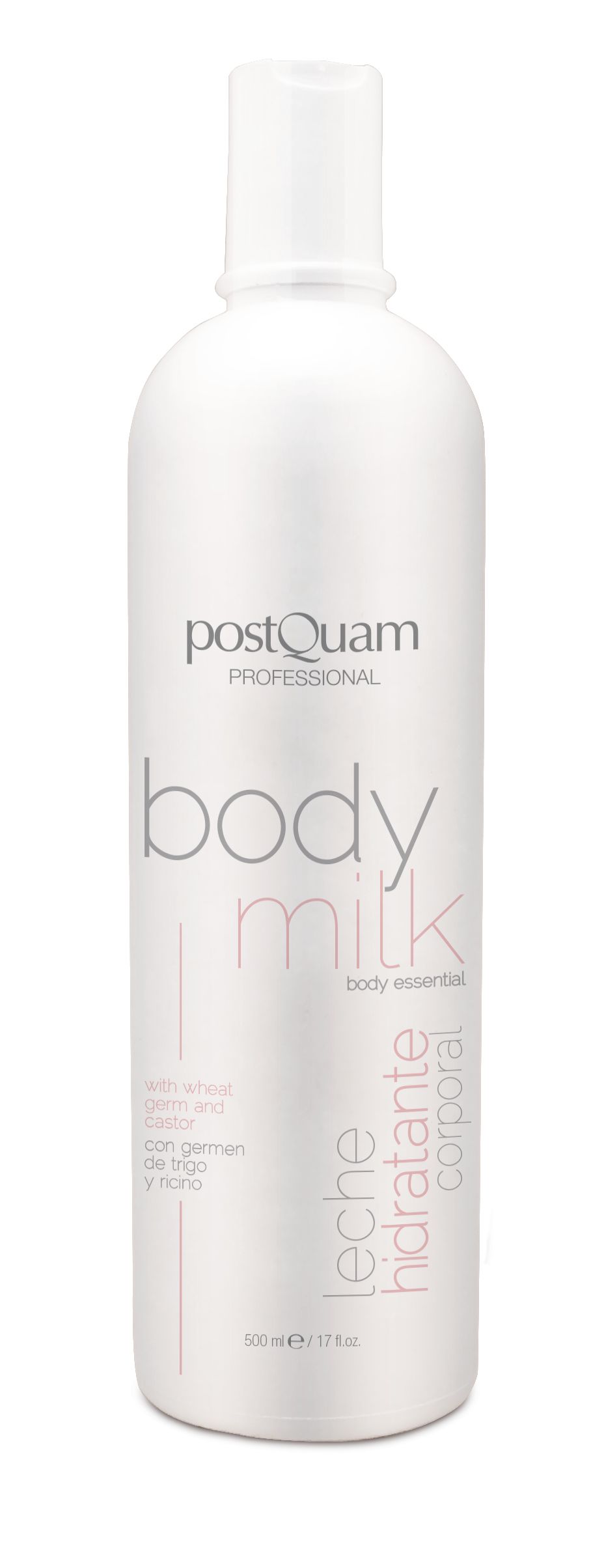 Flacone bianco "Postquam Professional Body Milk". Testo: "Leche Hidratante Corporal", "500 ml".