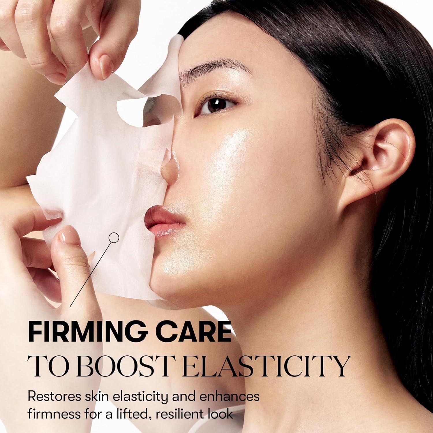 Persona che tiene una maschera sul viso. Testo: Firming Care To Boost Elasticity.
