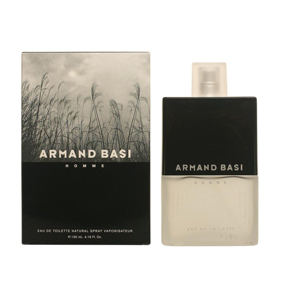 Armand Basi Homme Eau de Toilette. Flacone e confezione. Tappo nero, vaporizzatore trasparente. Confezione con motivo paesaggistico.