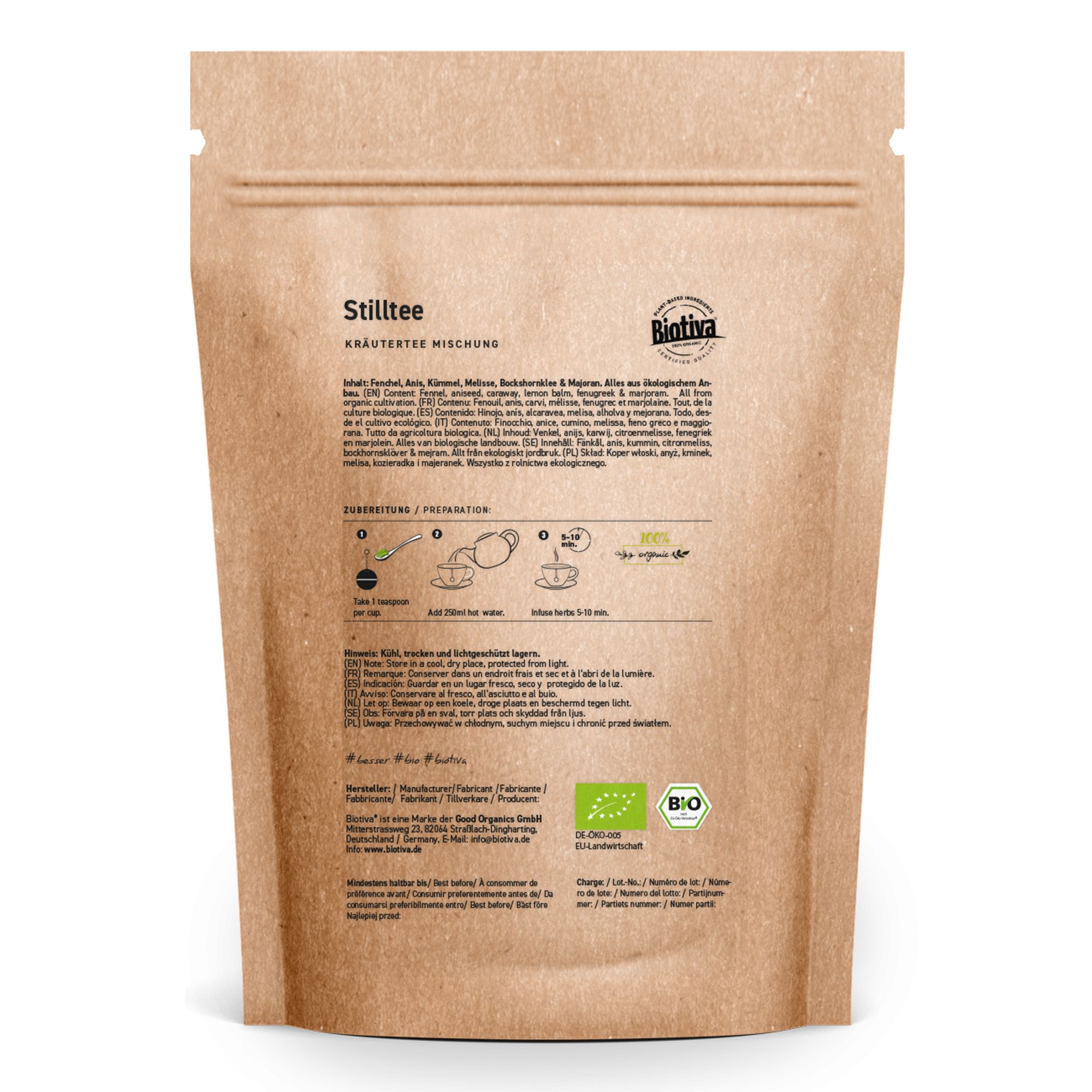 Confezione in carta marrone con scritta Stilltee, miscela di erbe. Sigillo bio. Marchio: Biotiva.