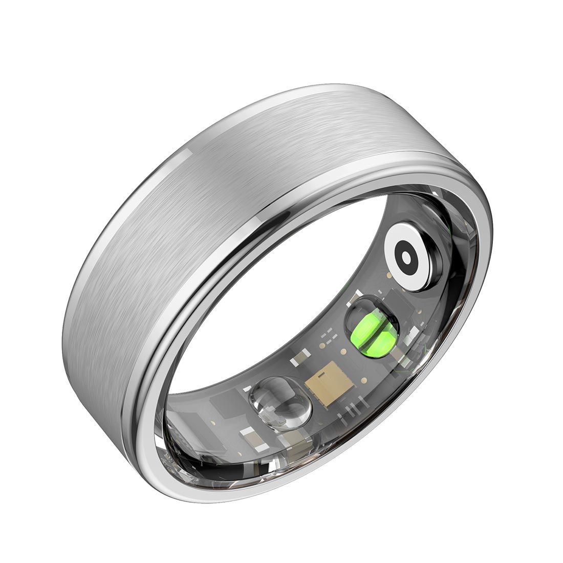Anello argento con componenti interni visibili. Sensori e LED verde. Taglia XXL.