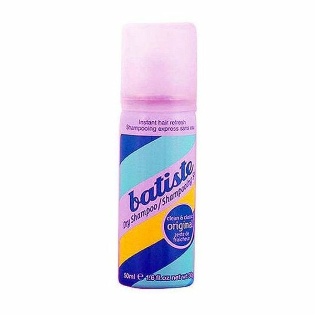Flacone di shampoo secco con tappo rosa. Design blu, giallo e rosa. Scritta: Batiste Original. 50ml.