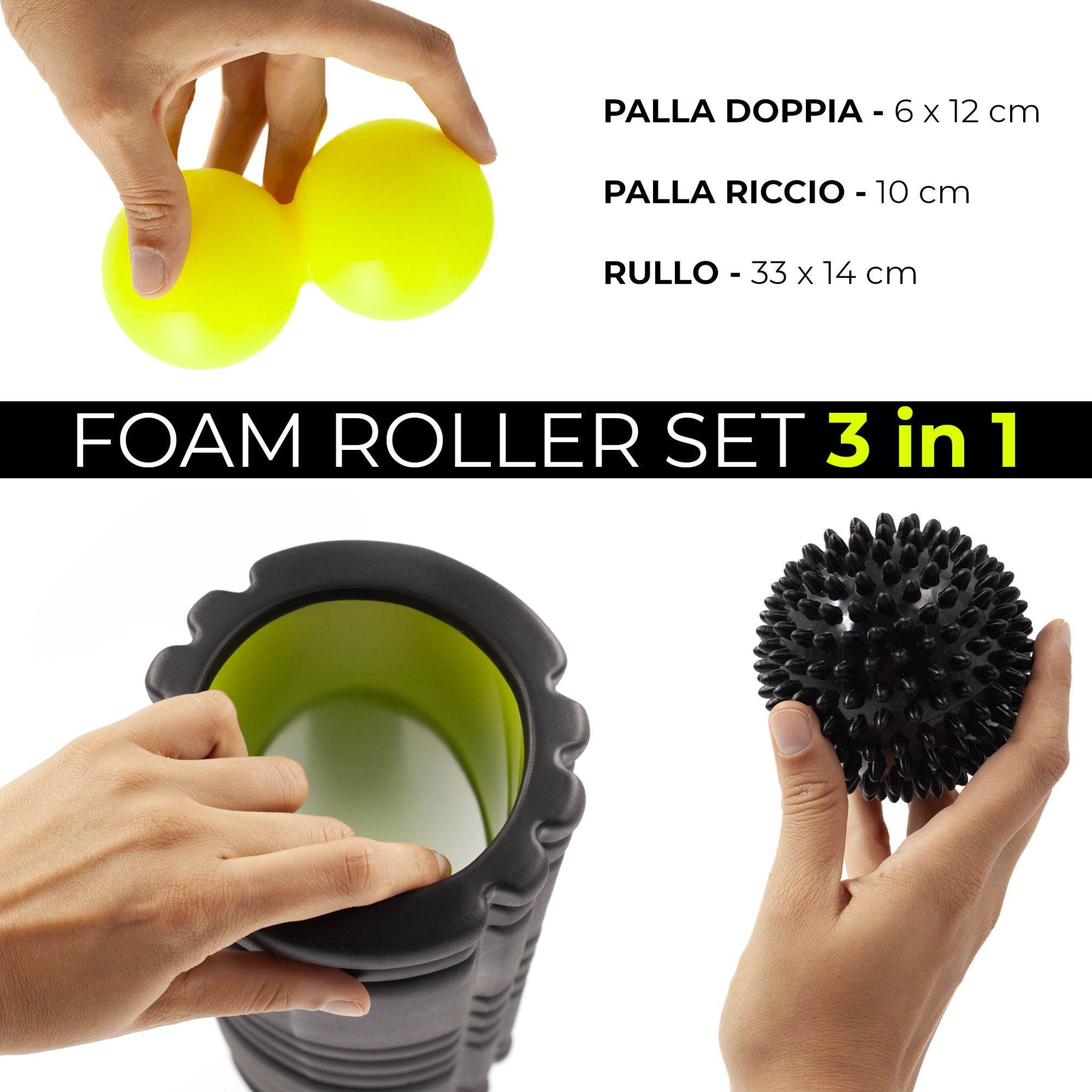 Set con rullo (33x14cm), duoball (6x12cm) e palla a spuntoni (10cm).