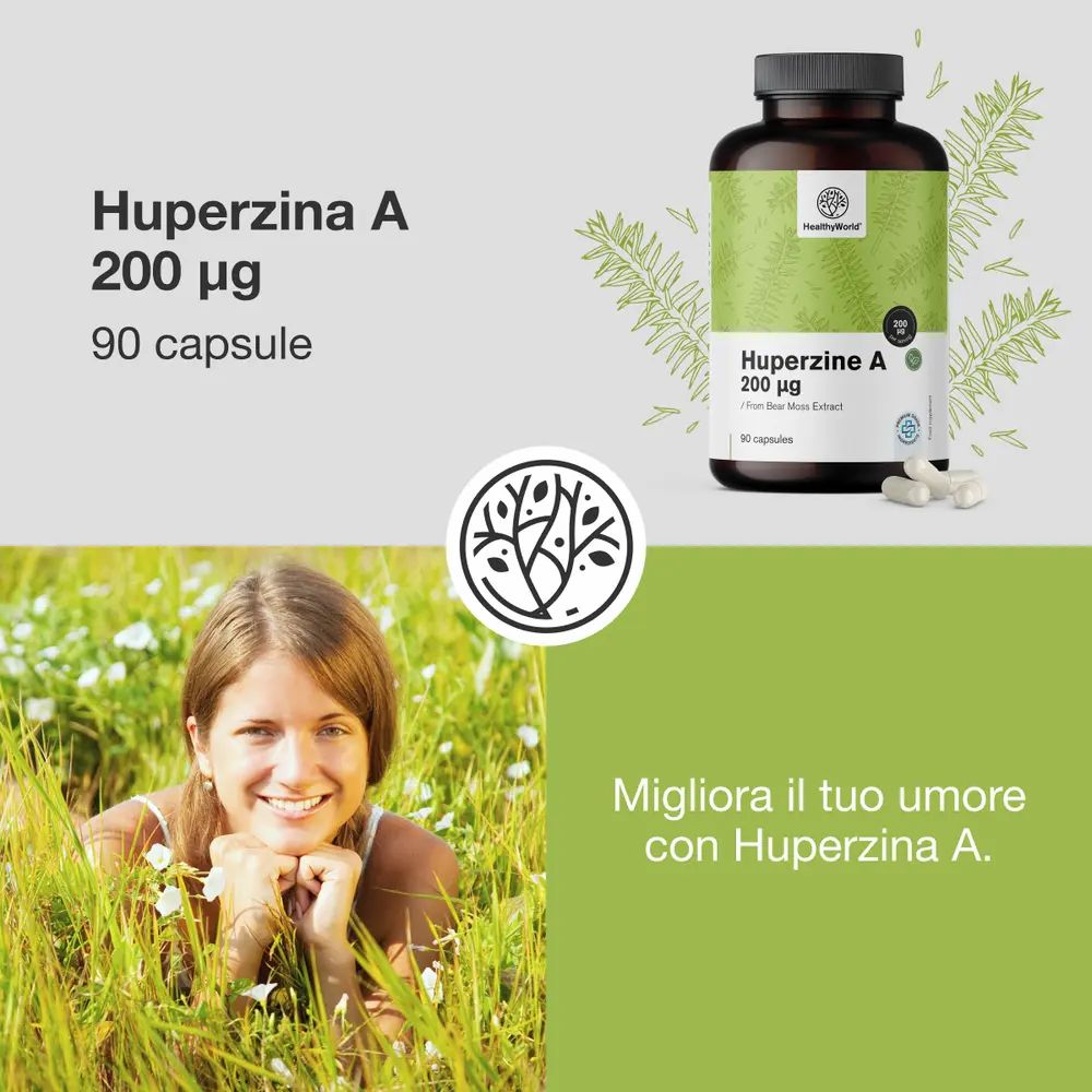 Huperzina A 200 µg, 90 capsule. Flacone marrone con capsule. Donna nell'erba. Logo HealthyWorld.