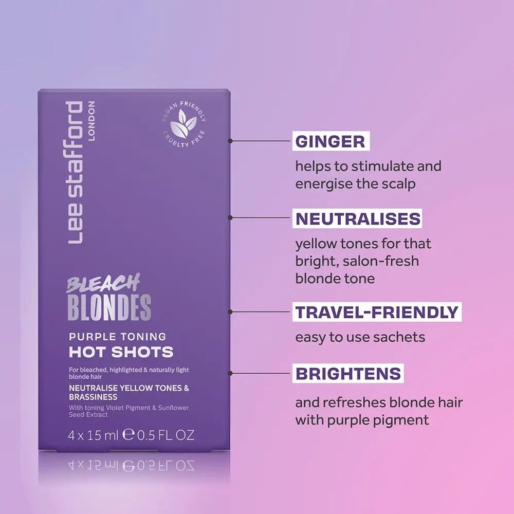 Confezione viola Lee Stafford Bleach Blondes Hot Shots. Testo: Neutralizza i toni gialli, vegano, cruelty-free.