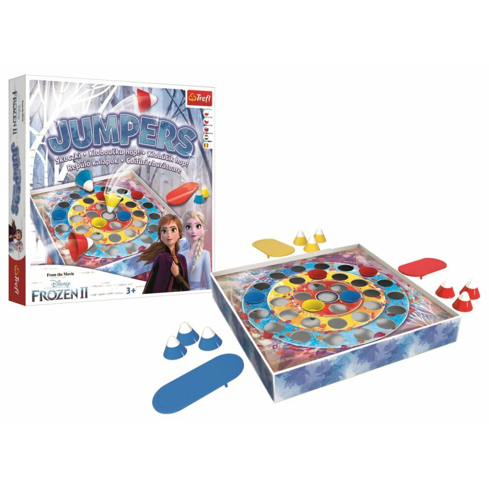 Gioco "Jumpers" con tabellone, personaggi e confezione. Tema Disney Frozen II. Personaggi rossi, gialli, blu e bianchi.