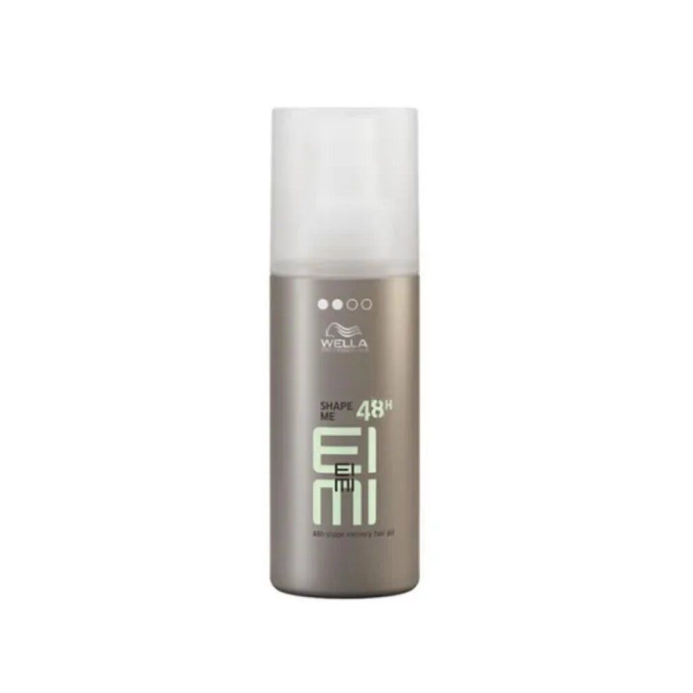 Flacone cilindrico con tappo bianco. Scritta: Wella Eimi Shape Me 48h. Colore beige-marrone.