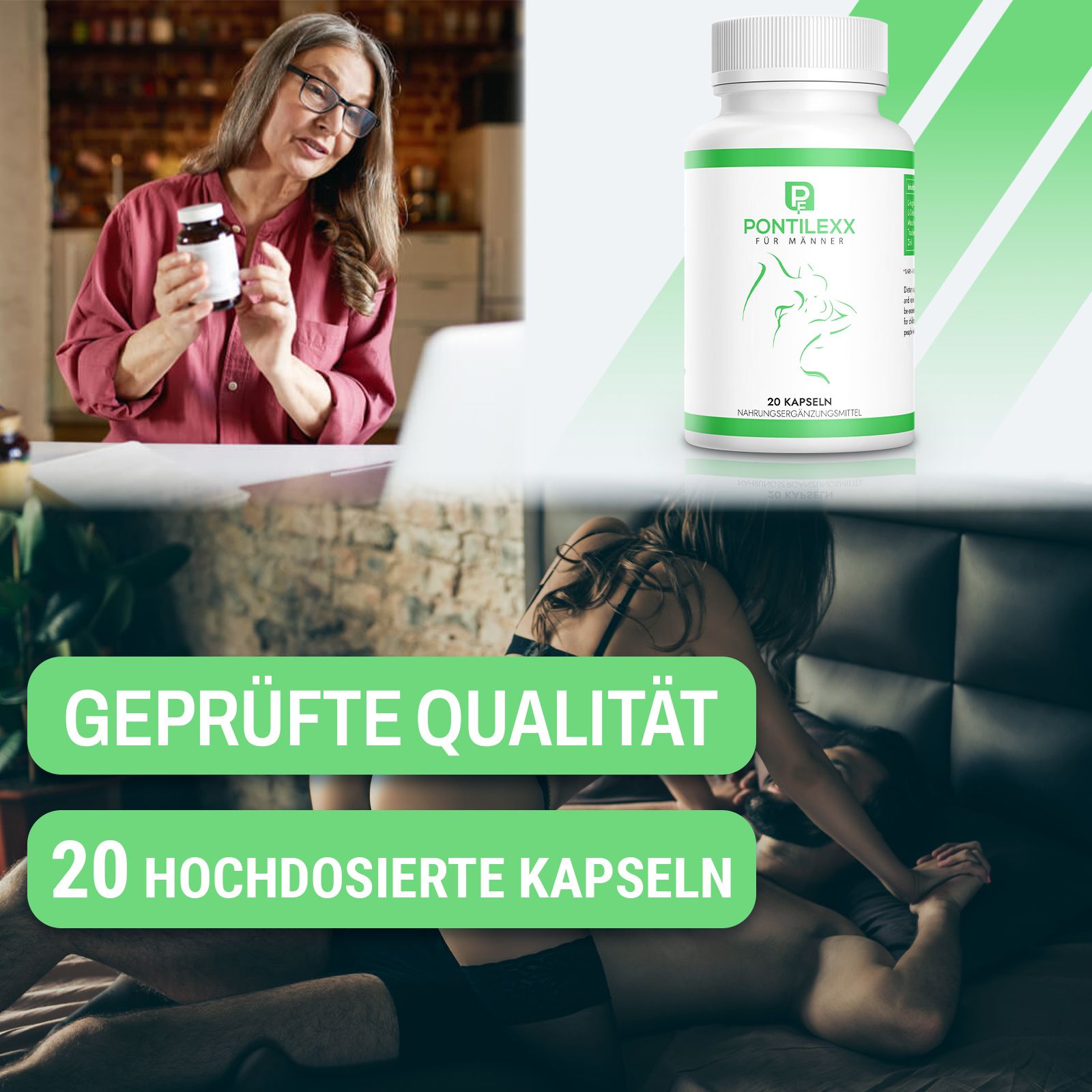 PF | Pontilexx | Integratore alimentare per uomini | 20 capsule | senza chimica. Flacone di capsule, accanto a una coppia anziana e testo su qualità e facilità di assunzione.
