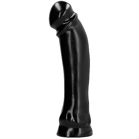 Dildo nero lucido. Forma curva, leggermente ispessito. Su sfondo chiaro.