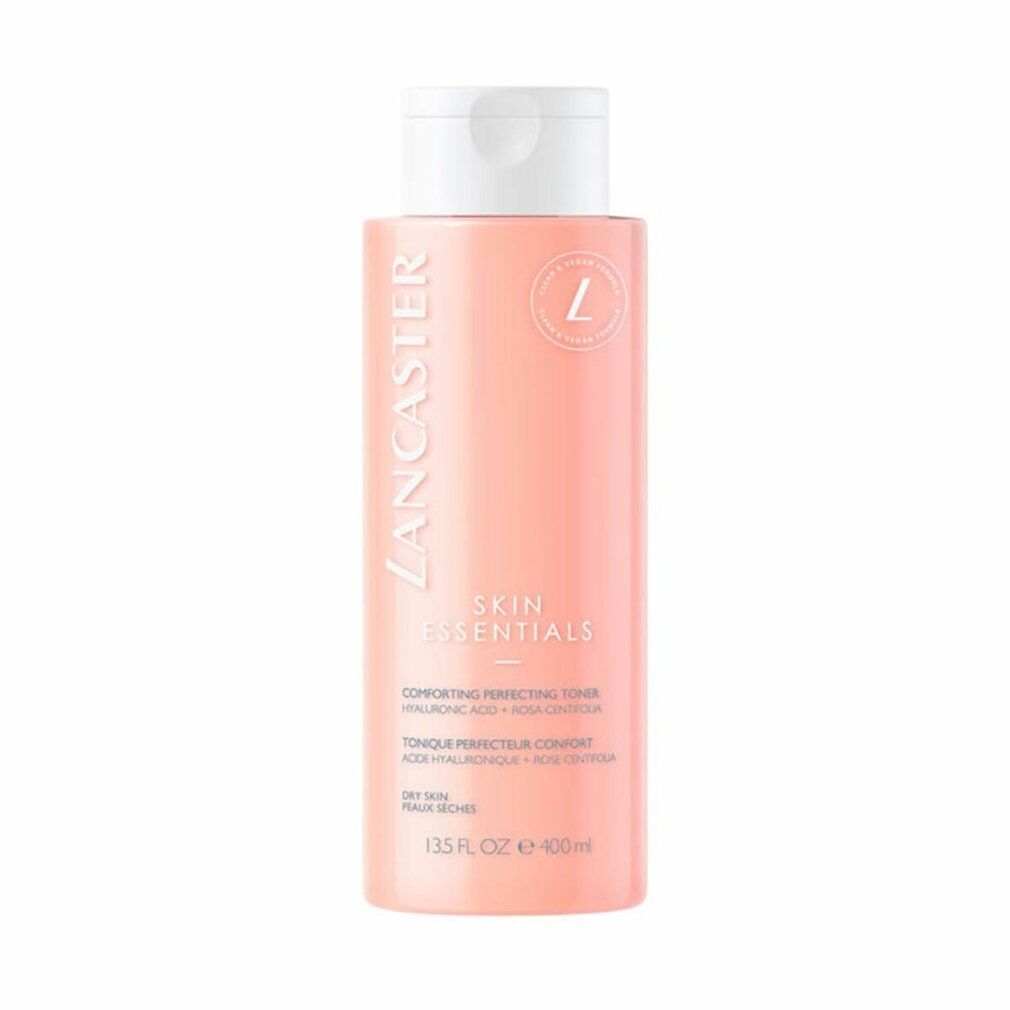 Flacone rosa Lancaster Skin Essentials. Testo: Comforting Perfecting Toner. 400 ml. Con tappo bianco. Logo: L. Per pelli secche.