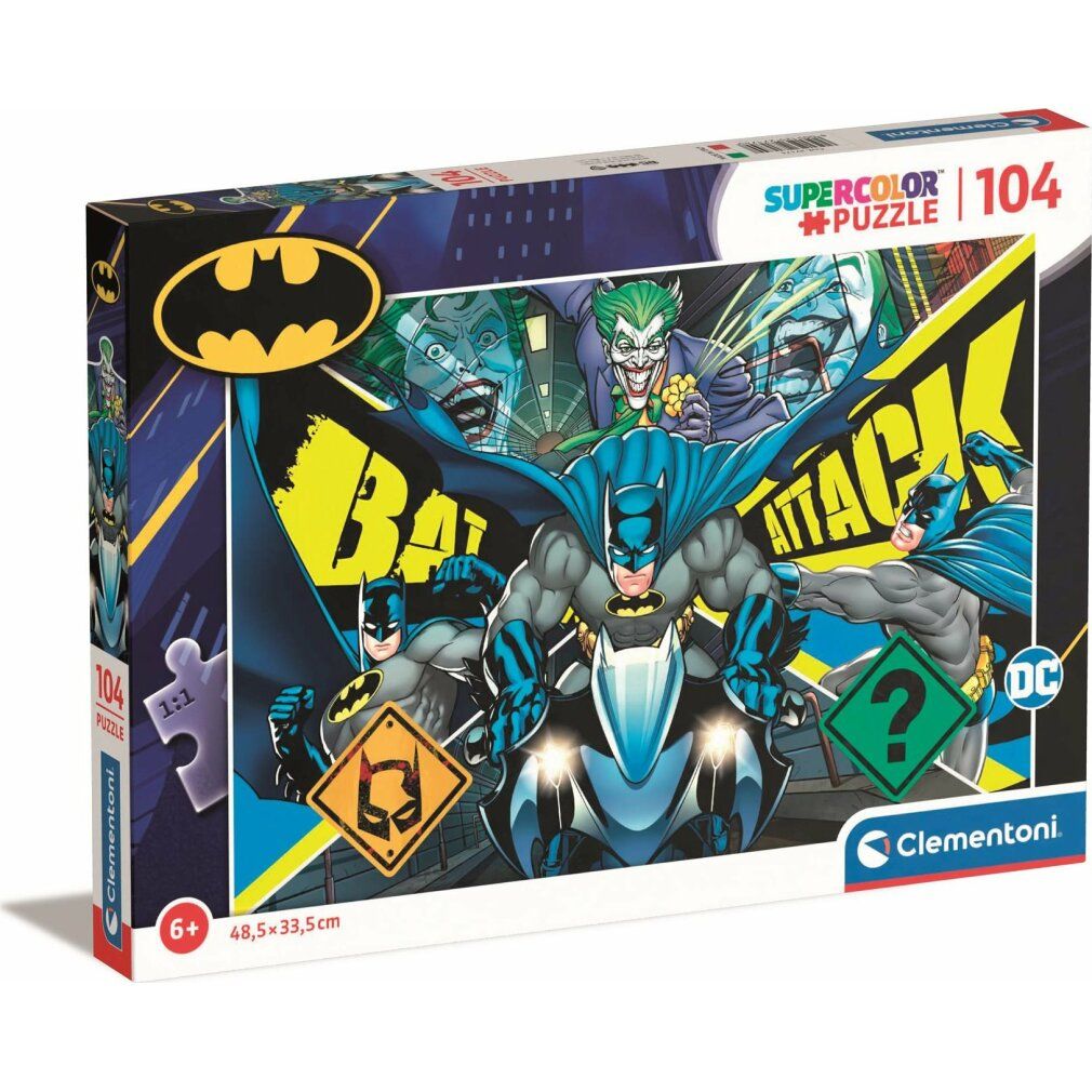 Clementoni Puzzle Batman, 104 pezzi. Confezione con motivo Batman, logo Batman, volti di Joker e scritta "BAT ATTACK".