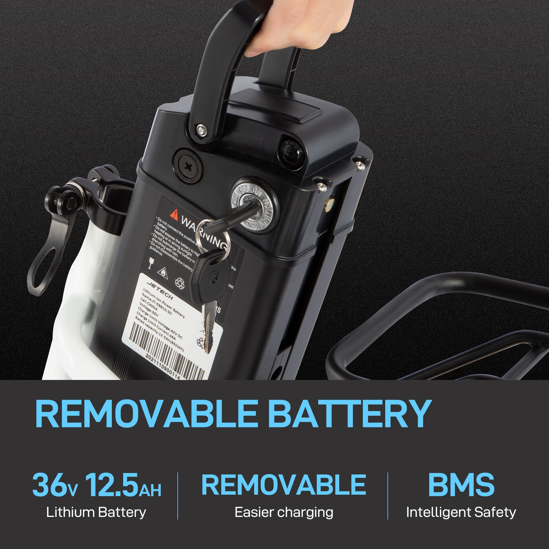 Batteria rimovibile per e-bike. Testo: 36V 12,5Ah, rimovibile, BMS.