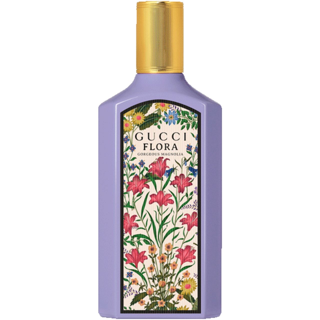 Flacone con etichetta floreale. Tappo dorato. Scritta: Gucci Flora Gorgeous Magnolia.