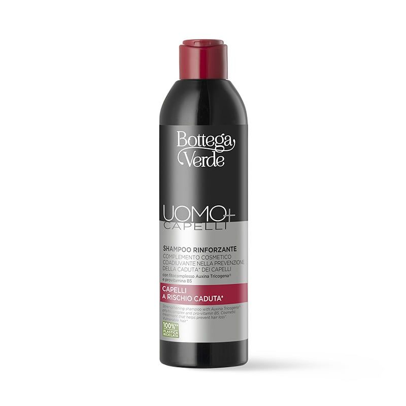 Flacone nero con tappo rosso. Testo: Bottega Verde, UOMO+ CAPELLI, Shampoo rinforzante. Per capelli a rischio caduta.