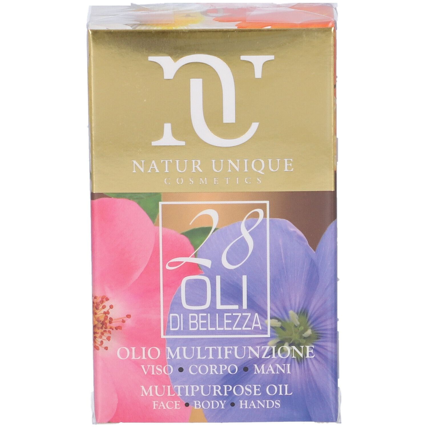 Confezione Natur Unique 28 Oli Di Bellezza. Coperchio dorato con logo. Nome del prodotto e motivi floreali sul fronte.