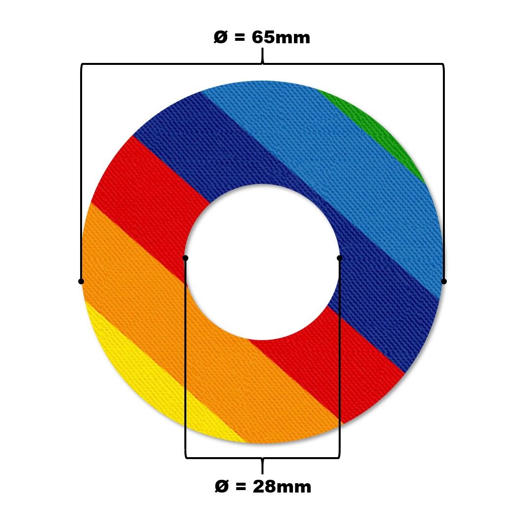 Anello di fissaggio con motivo arcobaleno e indicazioni di dimensioni. Diametro 65mm e 28mm. Anello con foro centrale.