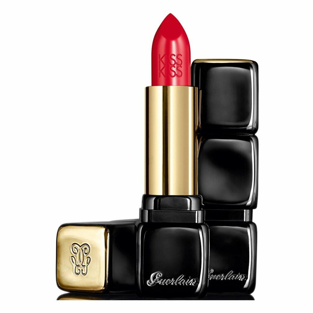Rossetto rosso con astuccio dorato e custodia nera quadrata. Marchio Guerlain, scritta KissKiss.