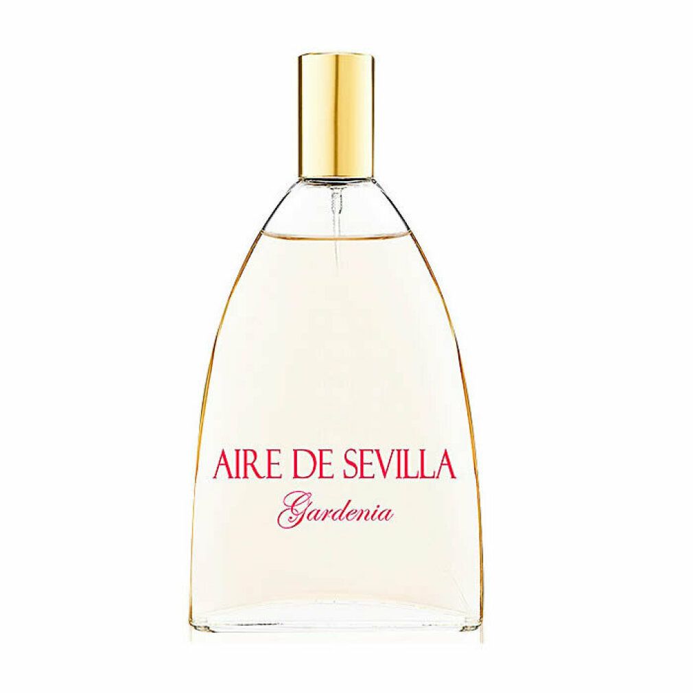 Flacone di profumo con tappo dorato. Scritta: Aire de Sevilla Gardenia. Liquido trasparente.
