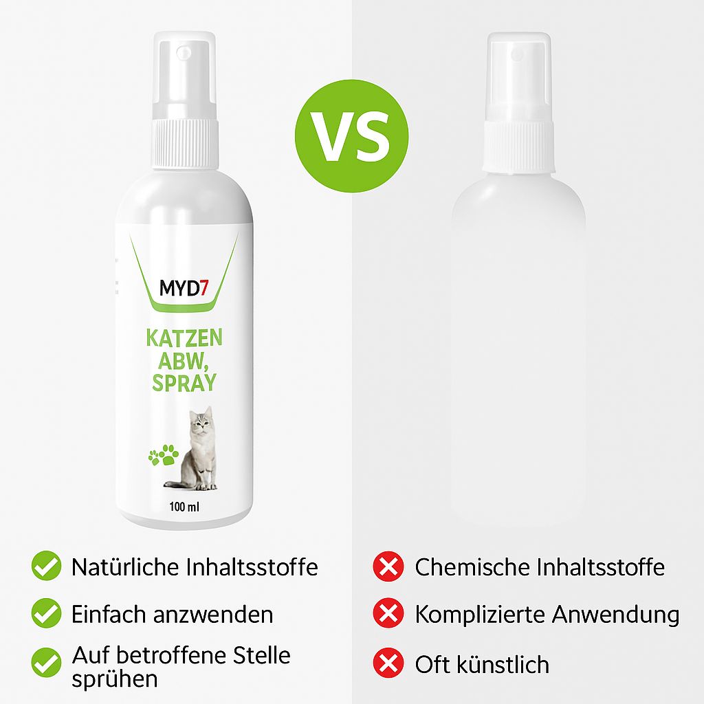 Due flaconi spray bianchi. A sinistra: MYD7 "Katzen Abw. Spray". A destra: Flacone vuoto. Testo: vantaggi e svantaggi.