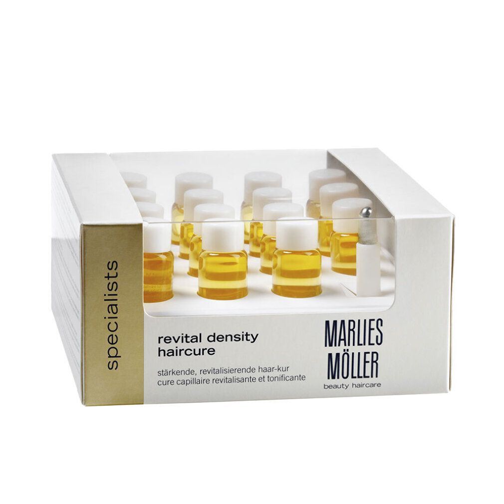 Scatola bianca con diverse fialette. Scritta: Marlies Möller, Revital Density Haircure.
