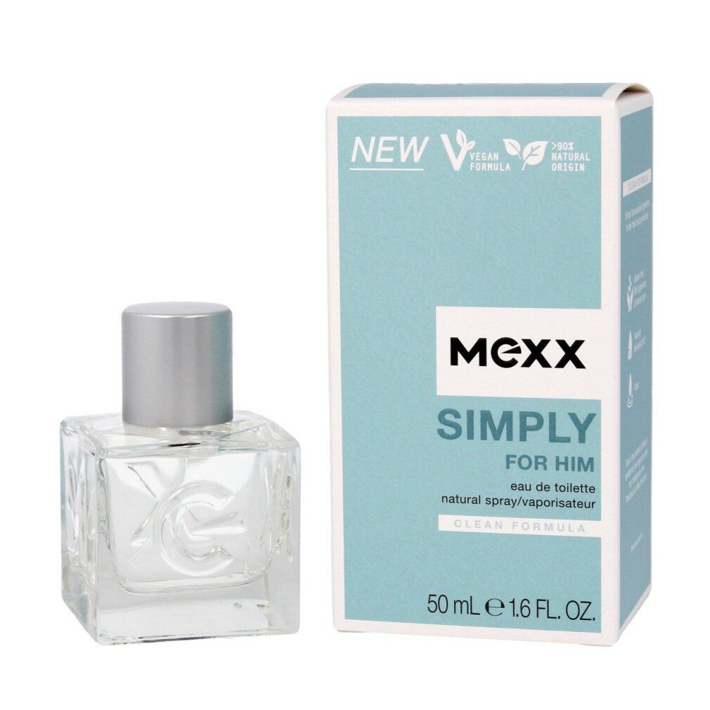 Flacone in vetro e confezione. Scritta: MEXX SIMPLY FOR HIM. Sigilli vegano e origine naturale.
