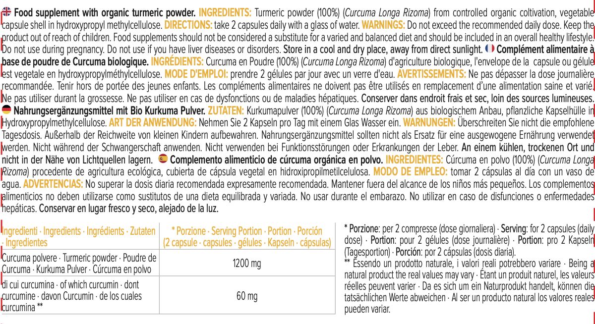 Informazioni sul prodotto ERBOTECH Curcuma BIO. Elenco ingredienti, dosaggio, avvertenze. Testo multilingue.